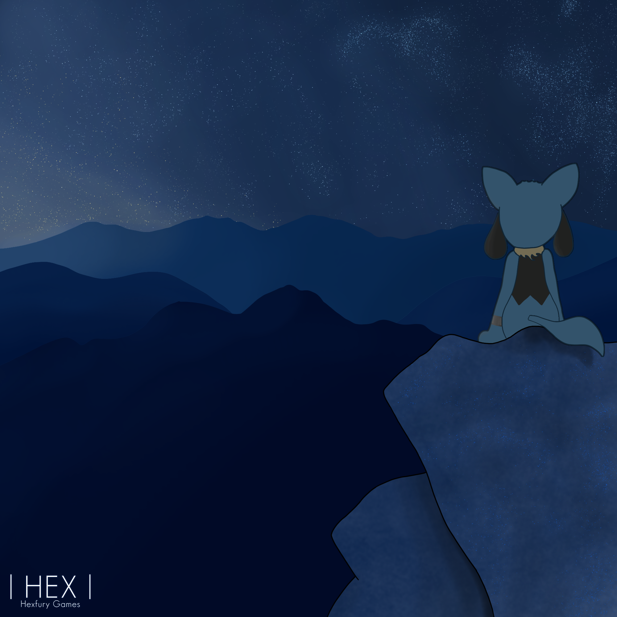 A pretty drawing depicting a starry night sky and mountains in the distance.